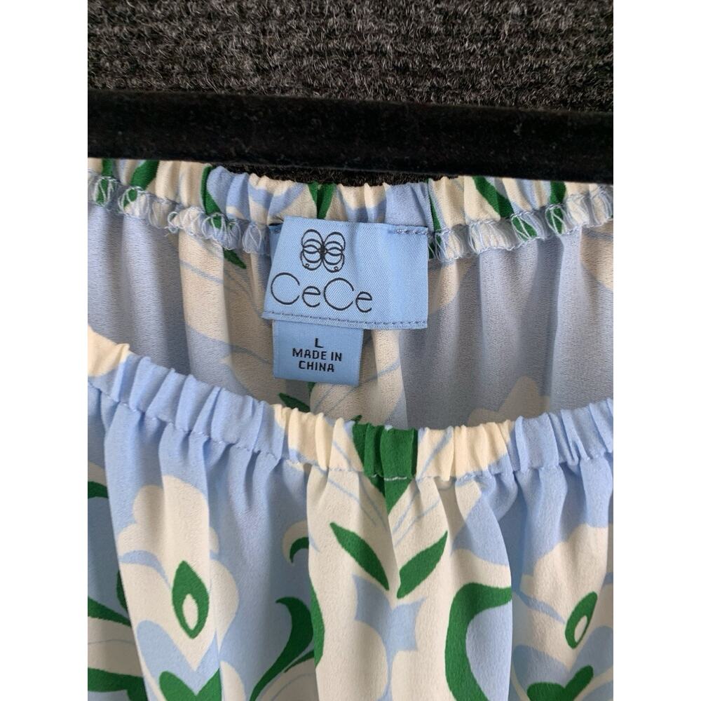 CeCe Ruffle Sleeve Blouse L Damask Blue Green Off Shoulder Smocked Waist Top New - Picture 3 of 10
